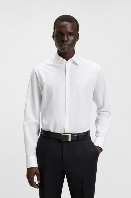 Camisa De Ajuste Regular Em Popelina De Algodão Elástico