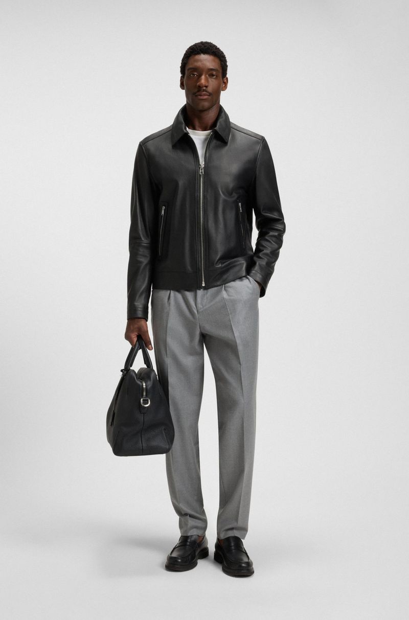 Casaco De Couro De Ajuste Regular Com Fecho De Correr