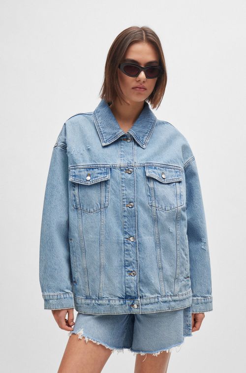 Jaqueta De Modelagem Ampla Em Denim Azul Médio Desgastado