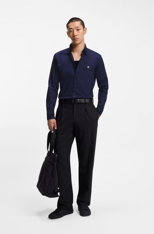 Camisa Slim Em Algodão Elástico Com Logo Sobreposto