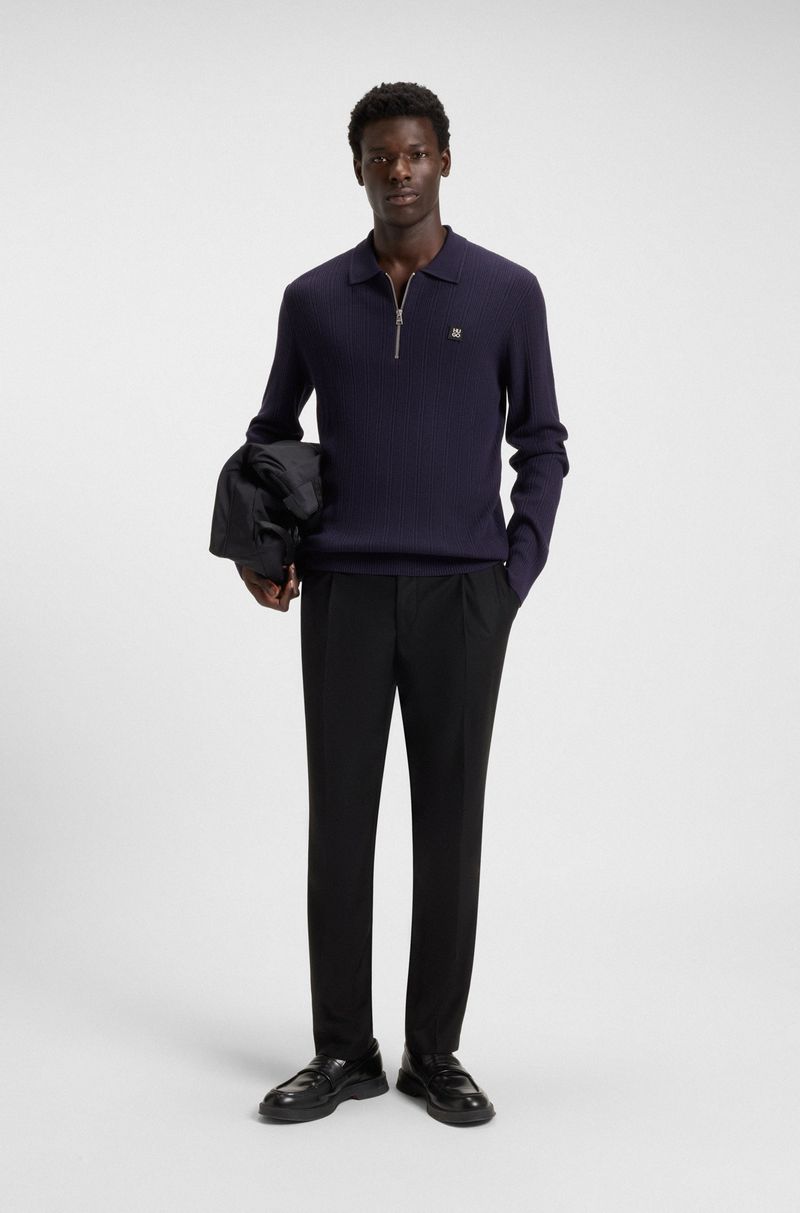 Suéter De Malha Estruturada Com Gola Polo De Zíper