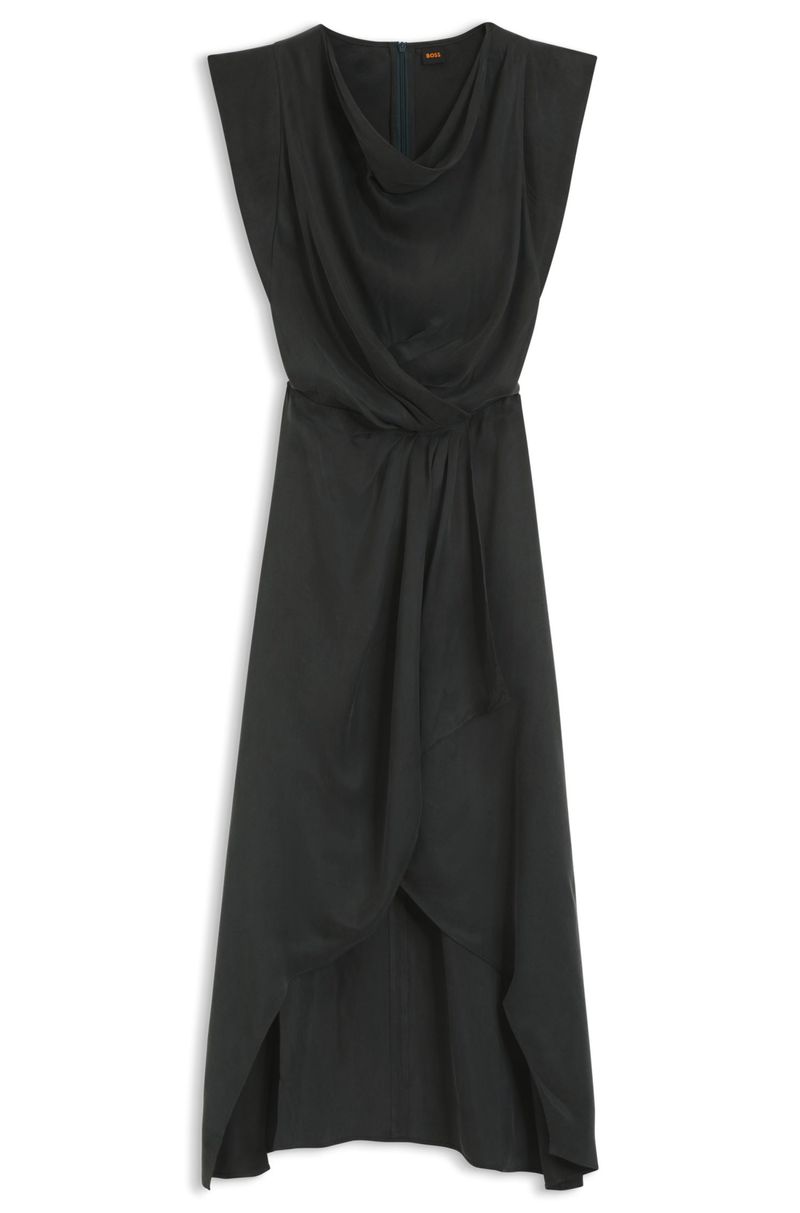 Vestido De Gola Redonda Com Saia Envolvente