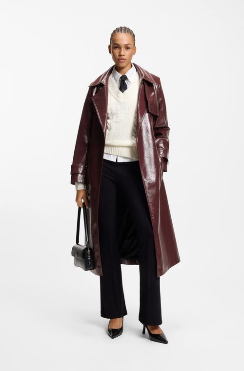 Trench Coat Transpassado Em Couro Sintético