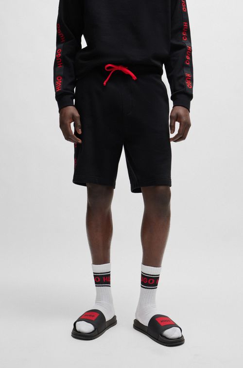 Shorts De Algodão Com Logos Bordados E Cordão Na Cintura