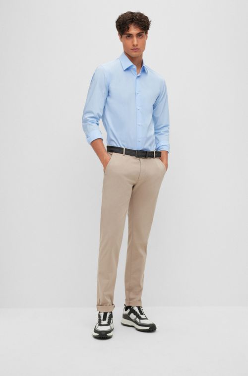 Camisa De Ajuste Slim Em Popelina De Algodão Elástico