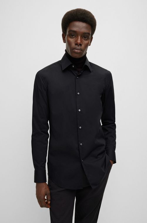 Camisa De Ajuste Slim Em Popelina De Algodão Elástico
