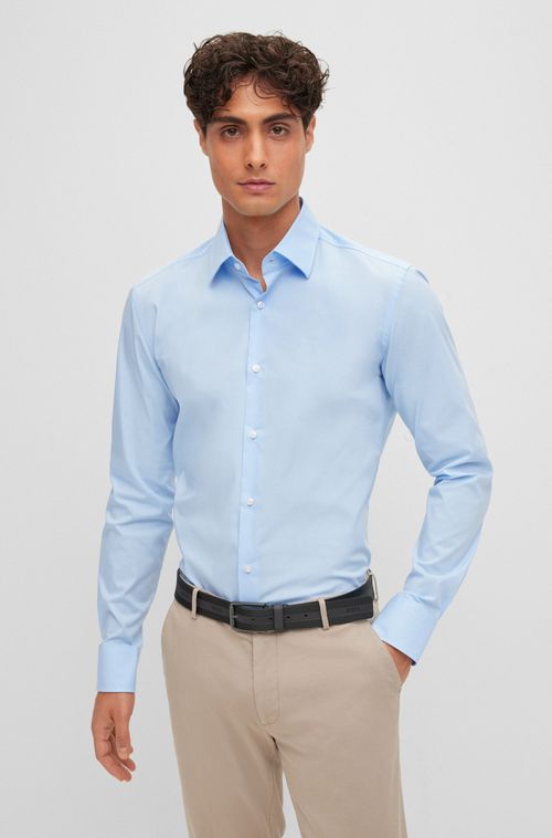 Camisa De Ajuste Slim Em Popelina De Algodão Elástico