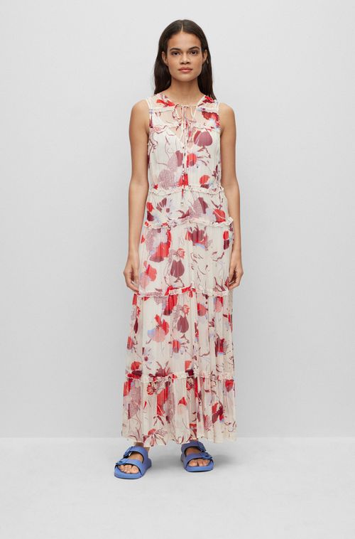 Vestido Maxi De Chiffon Com Estampa Floral E Laços Ajustáveis