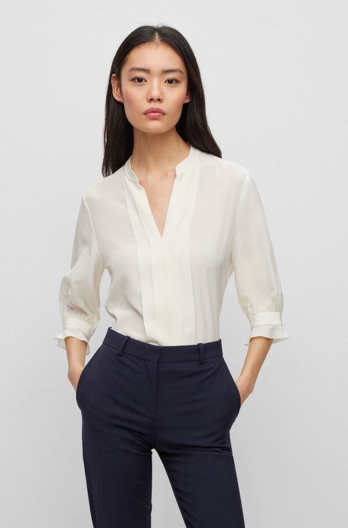 Blusa Regular-Fit Em Seda Pura Com Frente Plissada
