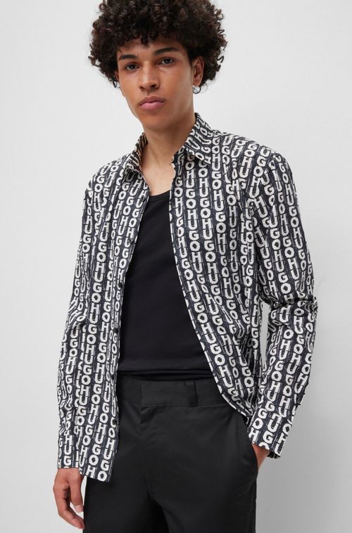 Camisa Slim-Fit Em Algodão Stretch Com Logo Preta