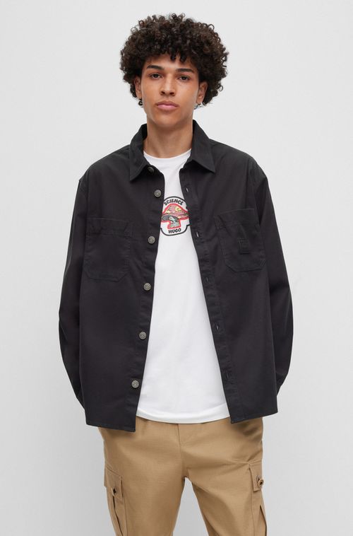 Camisa Oversized-Fit Em Sarja De Algodão Com Bolsos Preta