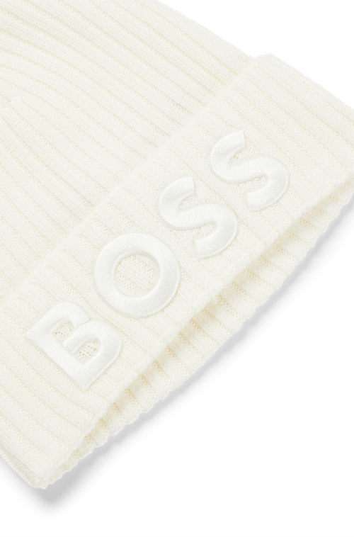 Gorro Off-White Em Malha Canelada Com Logo Bordado Em Lã Virgem