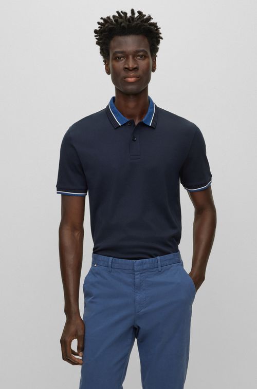 Polo Azul Em Algodão Mercerizado Com Tingimento De Contraste