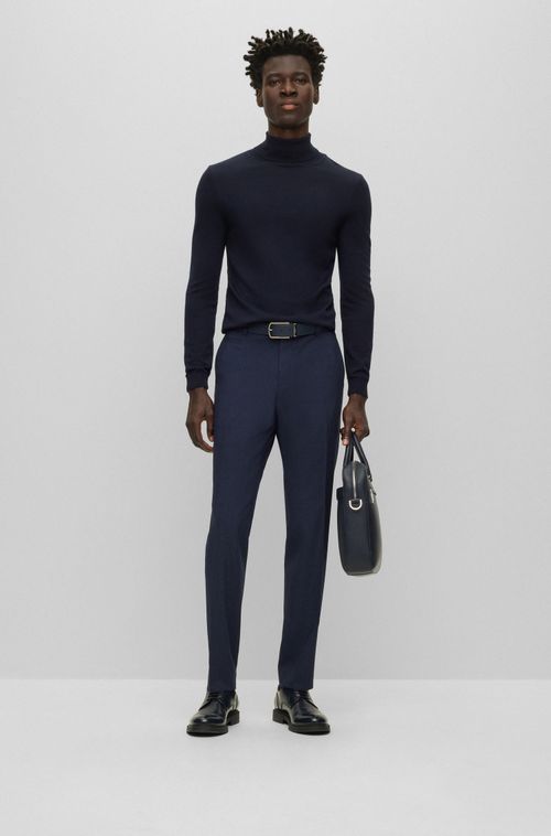 Calças Azul Slim Fit Em Mescla De Lã Resistente Aos Vincos
