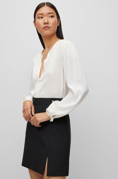 Camisa Branca Sem Colarinho Relaxed-Fit Em Seda Elástica