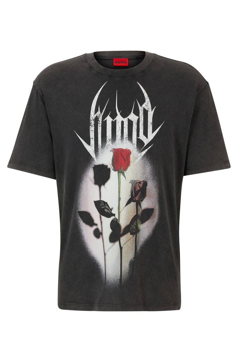 Camiseta De Algodão De Caimento Descontraído Com Estampas Inspiradas Em Bandas