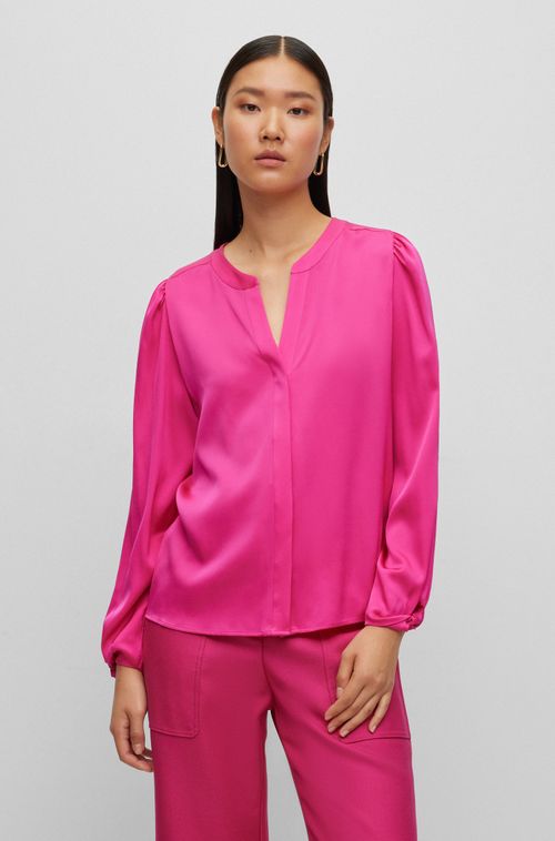 Blusa De Ajuste Descontraído Sem Colarinho Em Seda Elástica
