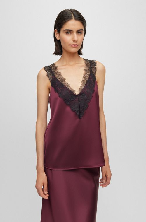 Blusa Sem Mangas Em Cetim Pesado Com Acabamento Em Renda