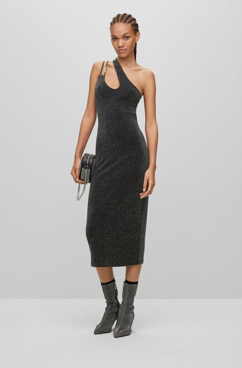 Vestido Midi Assimétrico Brilhante Com Alça De Logo