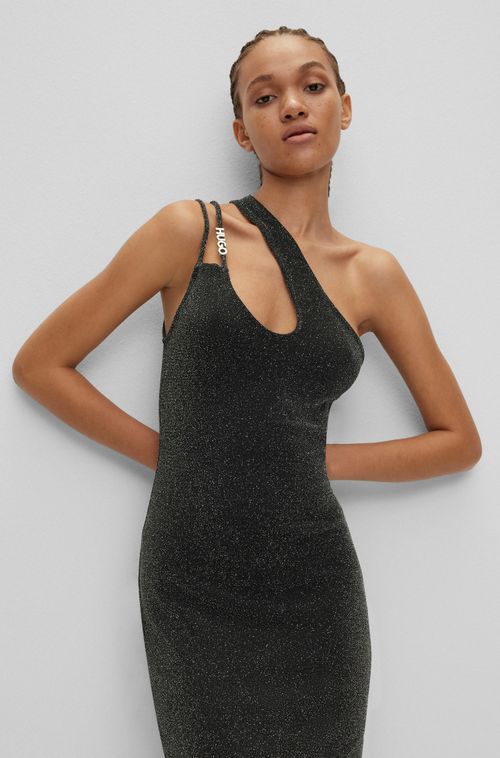 Vestido Midi Assimétrico Brilhante Com Alça De Logo