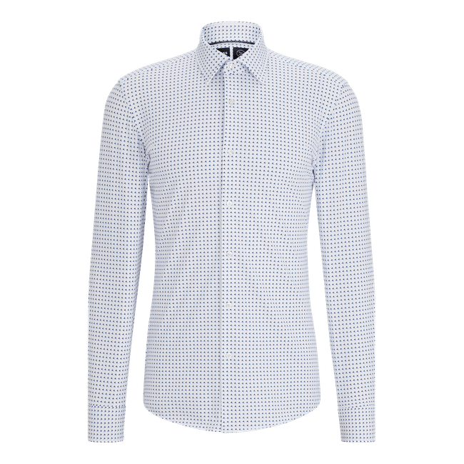 Camisa Azul Slim Fit Em Tecido Stretch De Performance Estampado