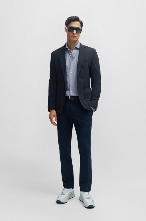 Camisa Azul Regular Fit Em Tecido Stretch Estruturado De Alta Performance