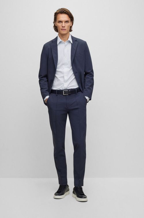 Camisa Azul Slim Fit Em Tecido Stretch De Performance Estampado