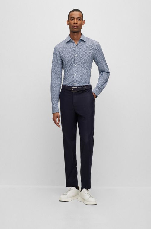 Camisa Azul Slim Fit Em Tecido Stretch De Performance Estampado