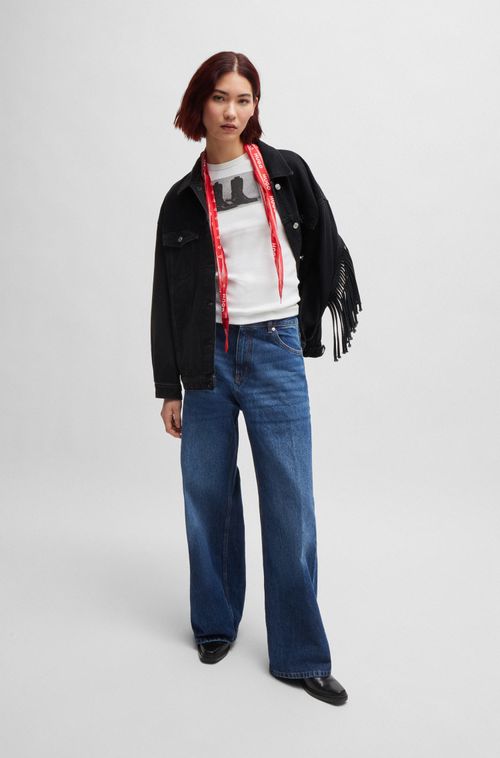 Jaqueta Ampla Em Denim Preto Com Franjas