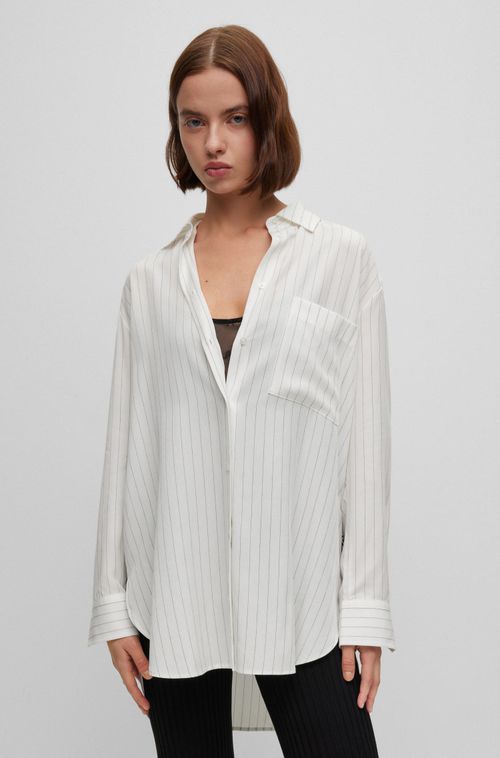 Blusa Oversized-Fit Em Tecido Listrado Com Gola Pontuda