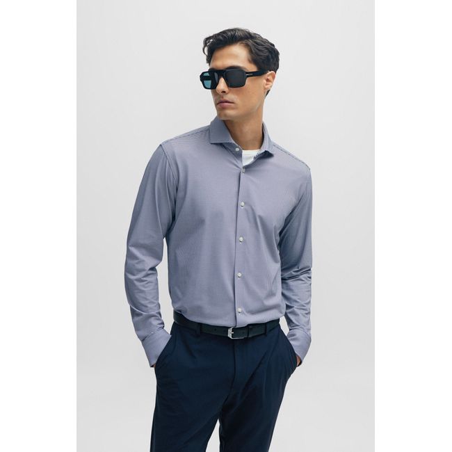 Camisa Azul Regular Fit Em Tecido Stretch Estruturado De Alta Performance