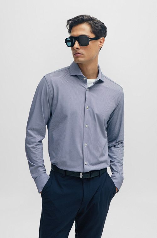 Camisa Azul Regular Fit Em Tecido Stretch Estruturado De Alta Performance