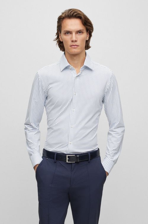 Camisa Azul Slim Fit Em Tecido Stretch De Performance Estampado