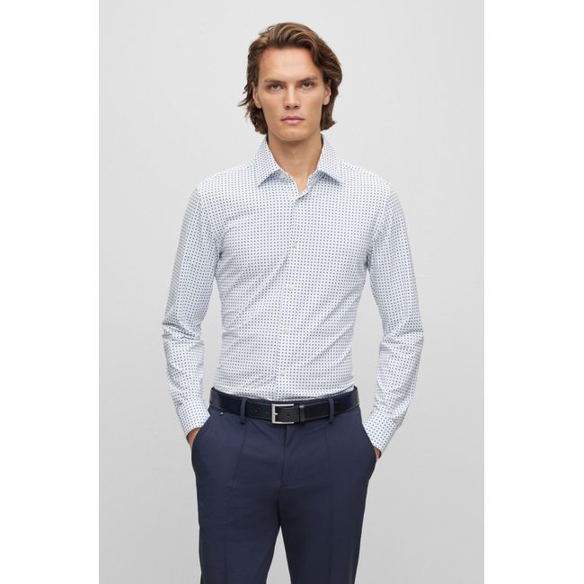 Camisa Azul Slim Fit Em Tecido Stretch De Performance Estampado