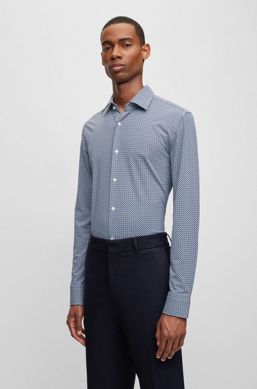 Camisa Azul Slim Fit Em Tecido Stretch De Performance Estampado