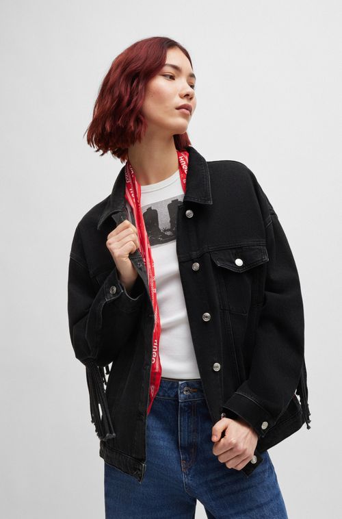 Jaqueta Ampla Em Denim Preto Com Franjas