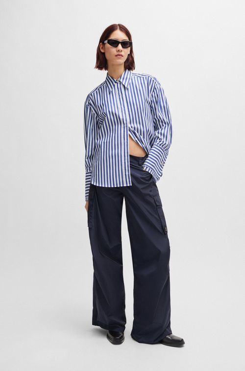 Blusa De Modelagem Ampla Em Popelina De Algodão Listrado