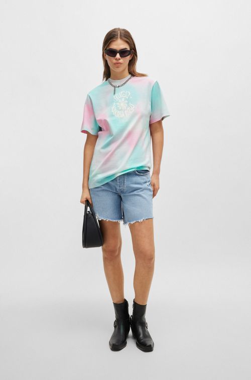 Camiseta De Algodão De Corte Folgado Com Desenhos Em Pedraria