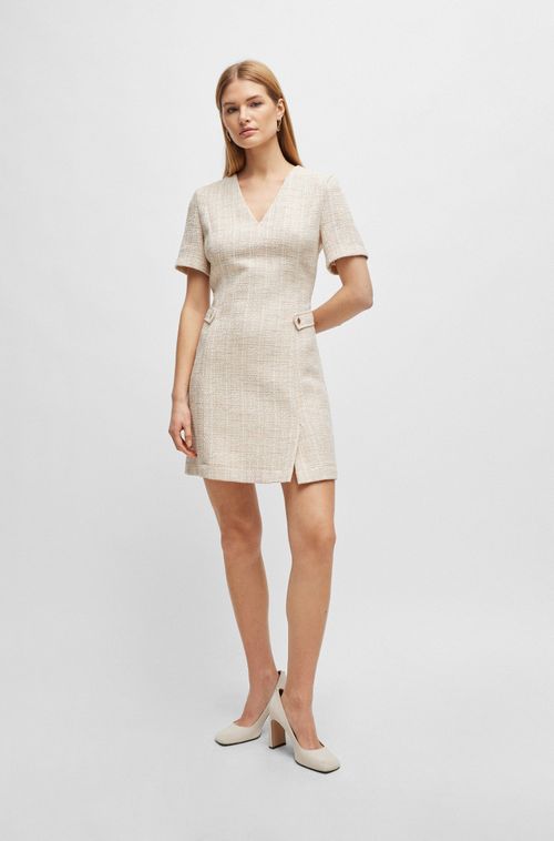 Vestido Em Tweed Mesclado Com Acabamentos De Botões De Metal