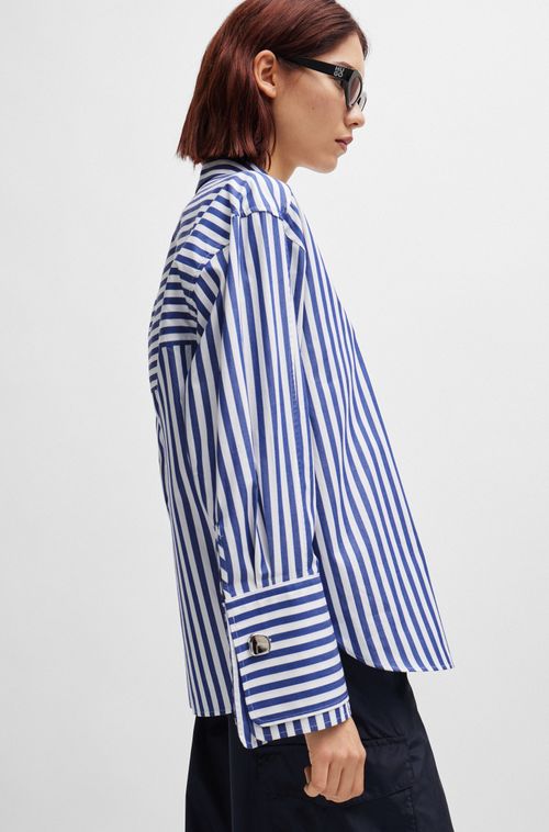 Blusa De Modelagem Ampla Em Popelina De Algodão Listrado