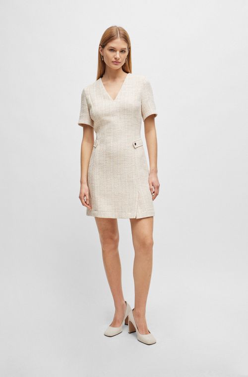 Vestido Em Tweed Mesclado Com Acabamentos De Botões De Metal