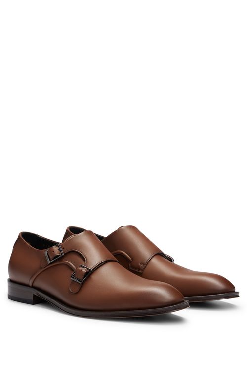 Sapatos Double-Monk Em Couro Liso Com Fivelas De Metal