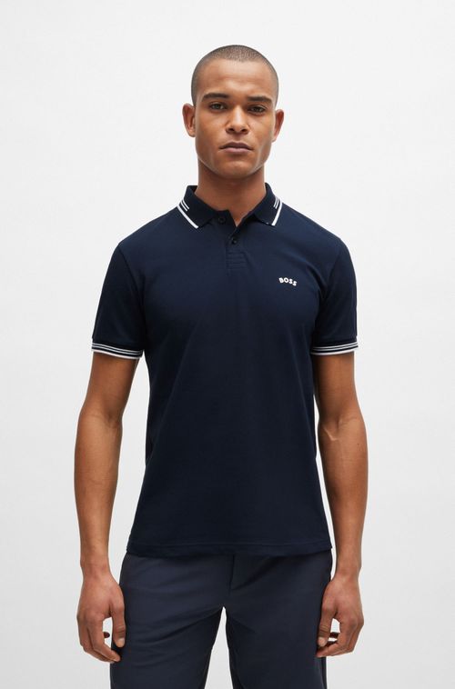 Camisa Polo Slim Fit De Algodão Stretch Com Logotipo Curvo