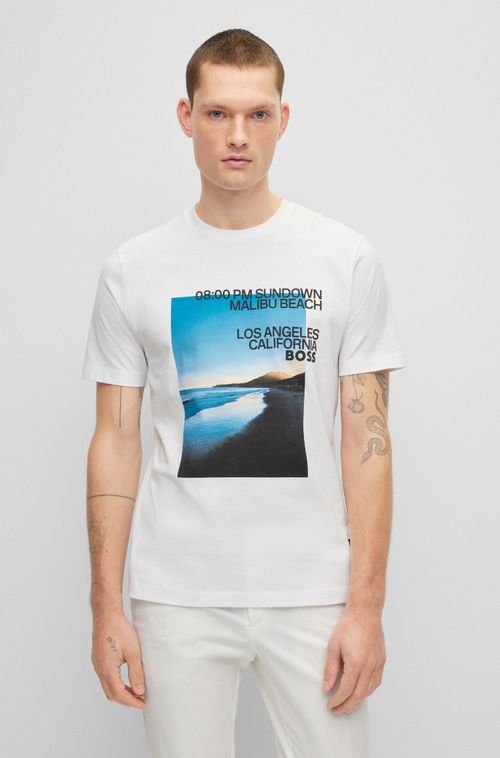 Camiseta Em Mistura De Algodão Com Estampa Fotográfica De Praia E Logotipo