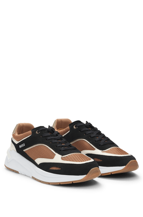 Tênis De Materiais Mistos Com Suede E Mesh