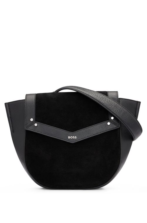 Bolsa Satchel Em Couro Granulado E Camurça