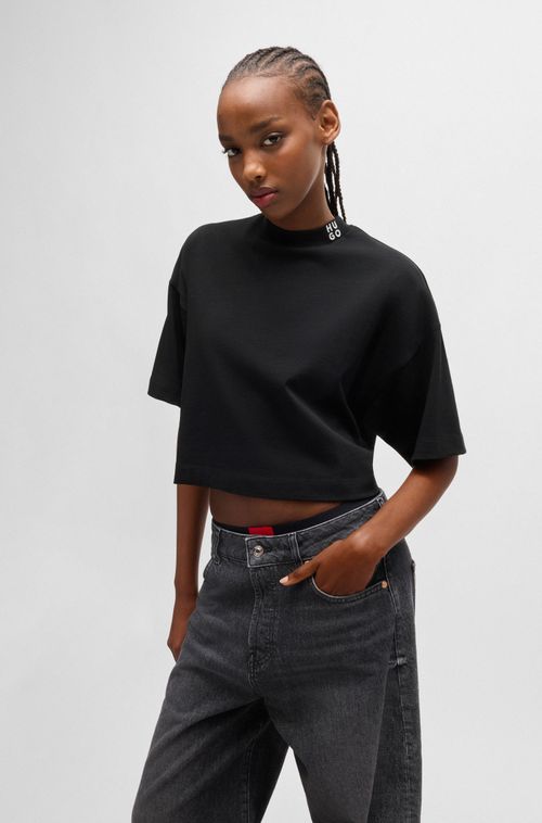 Camiseta Cropped De Algodão-Jersey Com Logo Empilhado