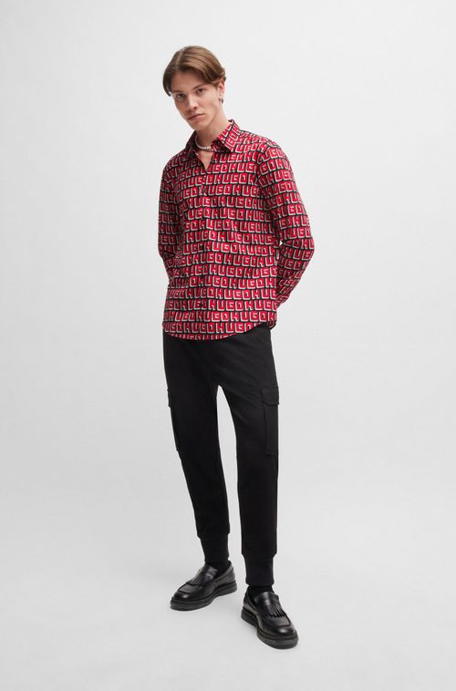 Camisa Slim Em Popeline De Algodão Com Estampa De Logo