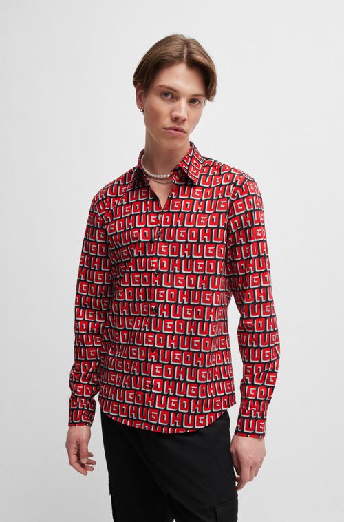 Camisa Slim Em Popeline De Algodão Com Estampa De Logo