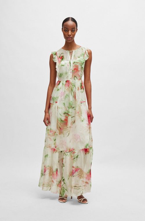 Vestido Estampado Em Crepe Plissado Com Detalhes Em Renda